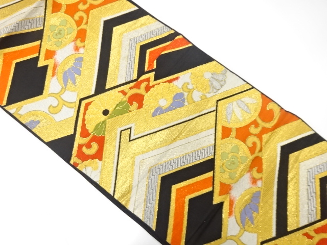 JAPANESE KIMONO / ANTIQUE FUKURO OBI / WOVEN KIKU ARABESQUE